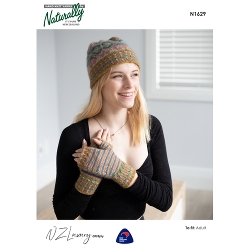 N1629 -  Fair Isle Hat with Stripey matching Fingerless Gloves