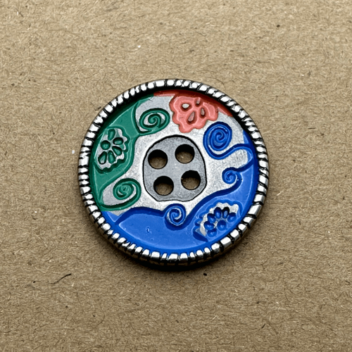 Button - 23mm 4 Hole Silver Crimp Edge Blue/Green/Red