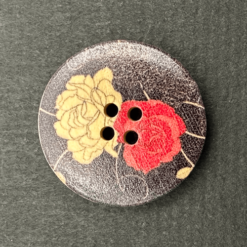 Button - 30mm 4 Hole Wood Black with Roses