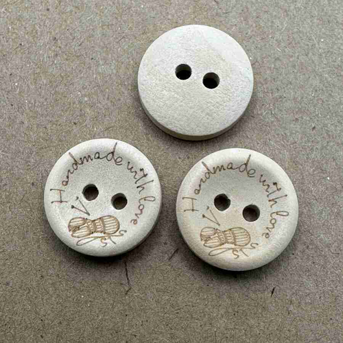 Button - 15mm 2 Hole Wooden Made with Love Button - Wool Ball