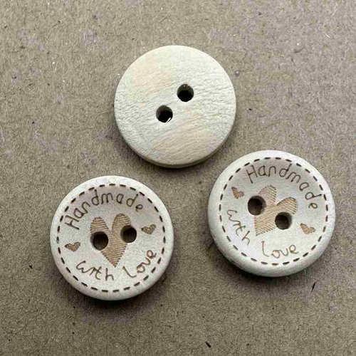 Button - 15mm 2 Hole Wooden Made with Love Button - Large Heart